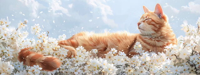 Serene Orange Tabby Cat Enjoying Spring Blossom Bliss - 783853491