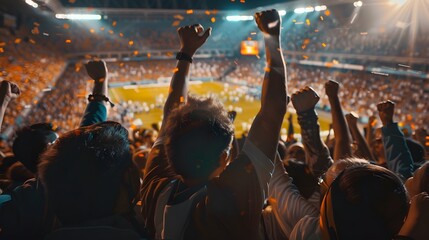 A crowd of sports fans cheering during a match in a stadium