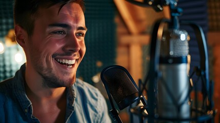 A happy radio presenter speaking into a microphone in a studio - obrazy, fototapety, plakaty