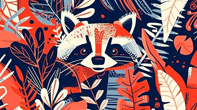   A raccoon painted among vivid tropical foliage in red, blue, and white hues