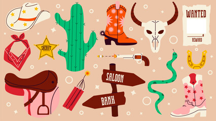 Flat vector illustration set on the theme of the wild west, Texas, cowboys.