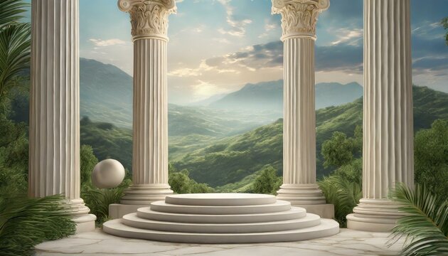 Background podium column 3d roman luxury greek white ancient display product classic. Podium platform background column pillar stage minimal stand beauty design greece render scene plant cosmetic rome