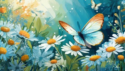 Background flower butterfly spring garden floral beauty blossom plant blue. Garden spring butterfly background summer flower field white color season banner daisy wild morning nature meadow bloom teal