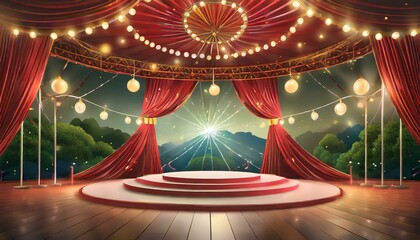 Circus stage podium background 3D carnival light red show curtain. Circus platform stage podium tent theater arena sign vintage spotlight circle stand bulb ringmaster ring cirque cartoon party cinema - obrazy, fototapety, plakaty