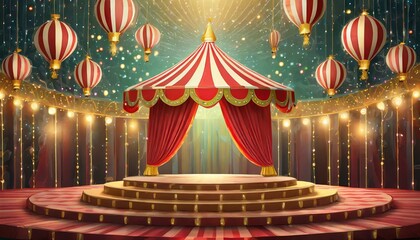 Circus stage podium background 3D carnival light red show curtain. Circus platform stage podium tent theater arena sign vintage spotlight circle stand bulb ringmaster ring cirque cartoon party cinema