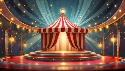 Circus stage podium background 3D carnival light red show curtain. Circus platform stage podium tent theater arena sign vintage spotlight circle stand bulb ringmaster ring cirque cartoon party cinema