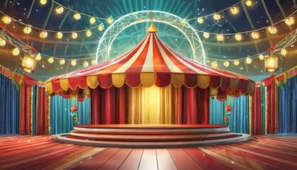 Circus stage podium background 3D carnival light red show curtain. Circus platform stage podium tent theater arena sign vintage spotlight circle stand bulb ringmaster ring cirque cartoon party cinema