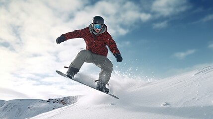 Fototapeta na wymiar Snowboarder at jump in high mountains
