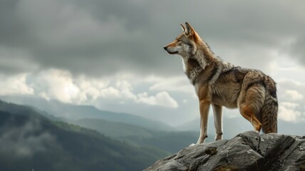 Wolf on a rocky outcrop with a stormy sky in the background.