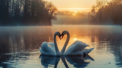Two swans forming a heart shape with their necks at sunrise.