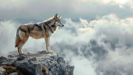 Wolf on a cliff overlooking misty mountains. - obrazy, fototapety, plakaty