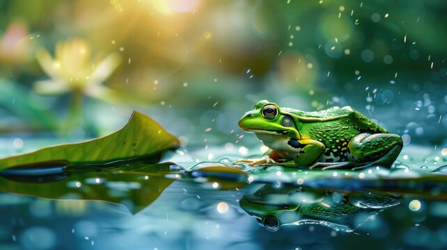 Green frog sitting on a lily pad in a pond with raindrops.