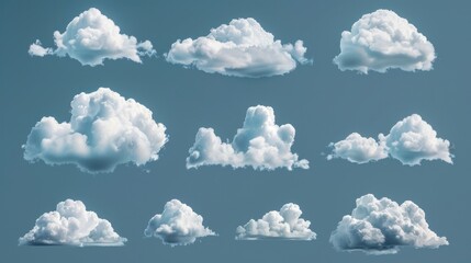 A set of clouds rendered in 3D, offering a realistic and detailed depiction suitable