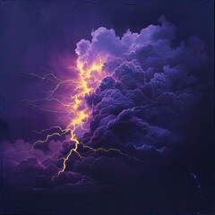 Atmospheric concept of a violet storm cloud lit by a bolt of yellow lightning - obrazy, fototapety, plakaty