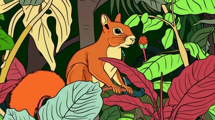 Obraz premium A squirrel seated on a tree branch amidst a forest adorned with foliage and blossoms