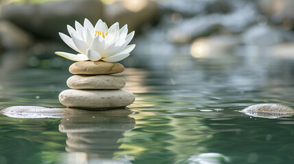 Zen Concept - Spa Stones And Waterlily In Lake. Zen, meditation, harmony. Beautiful lotus flower and stack of stones on water surface, space for text