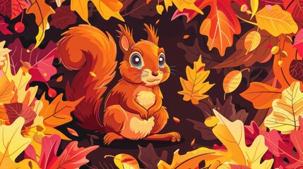 Obraz premium A squirrel, surrounded by autumn leaves on a dark backdrop, sporting a cartoonish expression, sits amidst a mound of fallen foliage