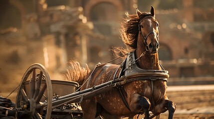 Majestic Horse Pulling Chariot in Ancient Roman Arena at Sunset