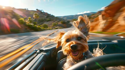 Canine Chauffeur:Furry Friend Races Down Open Road in Cinematic Pursuit of Unbridled Adventure - obrazy, fototapety, plakaty
