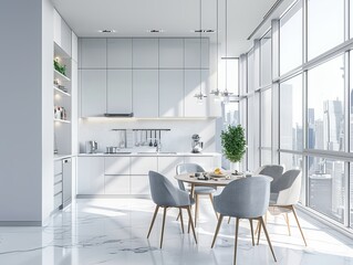 A light grey home kitchen interior is depicted with an eating table and chairs, a cooking cabinet adorned with kitchenware, and a panoramic window overlooking skyscrapers.