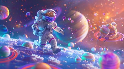 Behold, a stunningly detailed cartoon illustration capturing the enchanting sight of an astronaut...