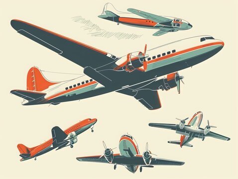 Vintage-style clipart featuring an airplane in various stages of flight: taking off, landing, and cruising. Isolated vector illustration of an aircraft in the sky