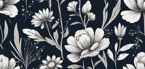 black and white flowers art painting, digital painting for frame tv art, abstract, vintage style