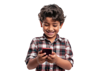 Smiling Boy with Phone on Transparent