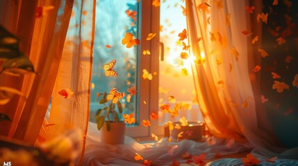   A room featuring a window, hung with curtains, and graced by a potted plant teeming with yellow butterflies taking flight - obrazy, fototapety, plakaty