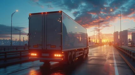 Early morning view of a delivery truck speeding along a road, with the city awakening to a sunrise in the background - obrazy, fototapety, plakaty