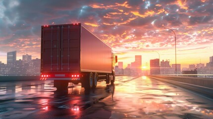 Early morning view of a delivery truck speeding along a road, with the city awakening to a sunrise in the background - obrazy, fototapety, plakaty