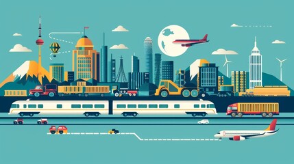Colorful vector illustration depicting various modes of global transportation in a flat design style - obrazy, fototapety, plakaty