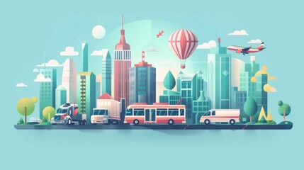 Colorful vector illustration depicting various modes of global transportation in a flat design style - obrazy, fototapety, plakaty