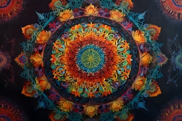 "Explore the intricate patterns and vibrant colors of a mandala art piece, rendered in a modern, abstract style."