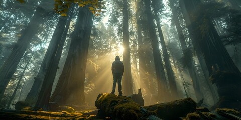 A solitary figure stands in reverence within an ancient towering forest a testament to nature s...