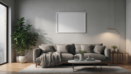 blank mockup frame hangs on the wall in a modern interior room design with simple modern furniture, depicted in 3D render style. illustration Generative AI