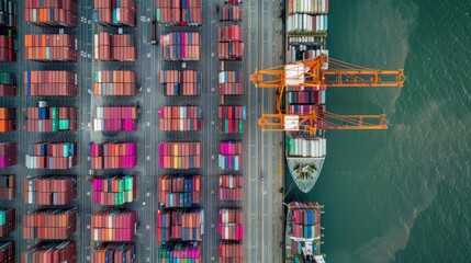 Top-down aerial view of a container ship at a bustling port, vividly depicting the loading and unloading process