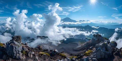 Breathtaking Panoramic View from Majestic Mountain Summit Reaching Towards the Clouds
