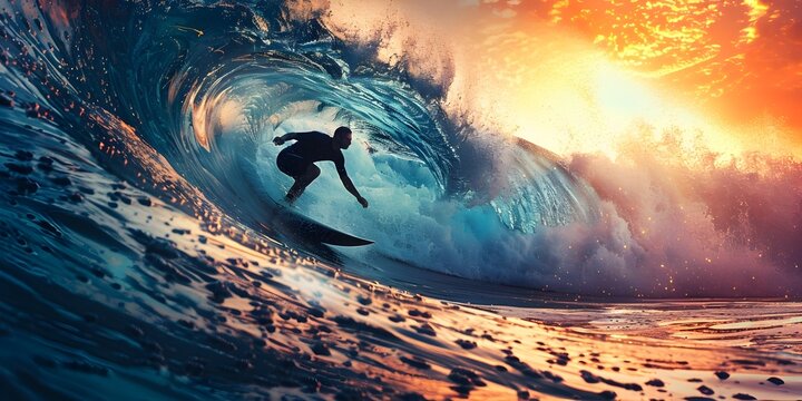 Surfer Catching Perfect Wave at Sunrise Daily Challenge Against the Power and Grace of the Sea - Powered by Adobe