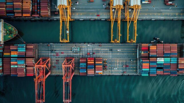 Top-down aerial view of a container ship at a bustling port, vividly depicting the loading and unloading process