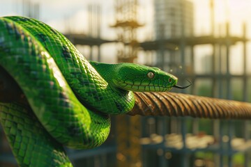 Fototapeta premium Serpentine Steel: A Snake's Embrace at the Construction Site