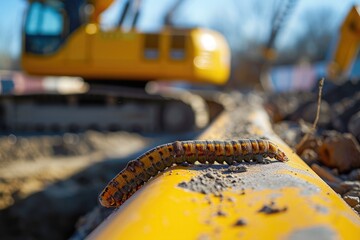 Obraz premium Curved Caterpillar Journey Amidst Steel Giants