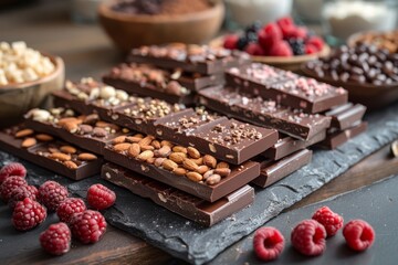 Assorted handmade chocolate bars, garnished with fresh nuts and raspberries, perfect for gourmet...