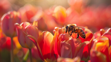Bees on bright tulip flowers, golden hour shine, careful pollen collection, detailed, vibrant focus - obrazy, fototapety, plakaty
