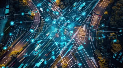 Futuristic autonomous cars on the road, showcasing AI-driven communication and logistic capabilities