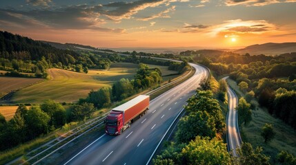 Two trucks overtake each other on a serene rural road under a stunning sunset sky - obrazy, fototapety, plakaty