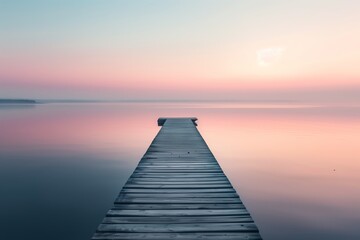 Fototapeta na wymiar Wooden Pier Leading into Calm Waters at Sunset, Pastel Sky, Copy Space