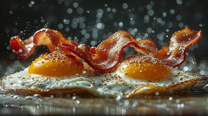 Floating breakfast scene eggs and bacon midair dramatic side light casting elongated shadows vivid colors cinematic photography - obrazy, fototapety, plakaty