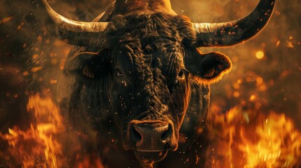 Look of the strong face of the bull with fire on the background - obrazy, fototapety, plakaty