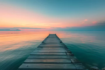  Wooden Pier Leading into Calm Waters at Sunset, Pastel Sky, Copy Space © Martin Funk